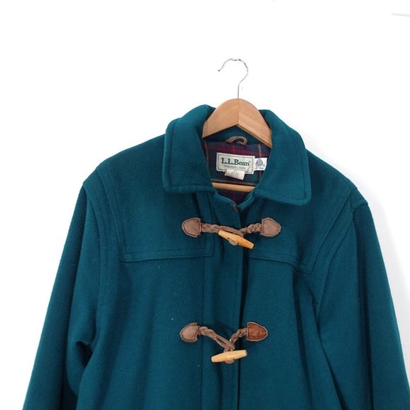 VINTAGE LL Bean Coat Women 12 Wool Green Toggle Plaid Lining Jacket LARGE USA - Picture 5 of 14